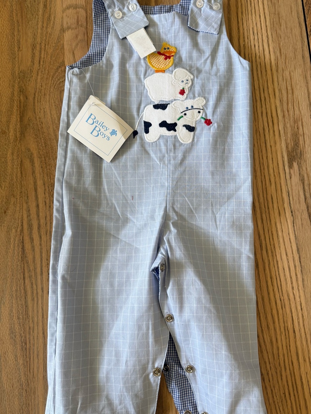 Bailey Boys Reversible Blue Appliqué Overall. Farm Animals/Aiplane